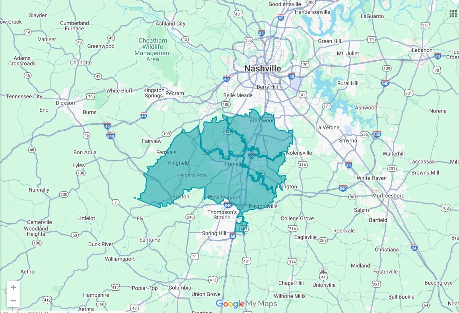 HANDYMAN-TN Service Area Map showing Franklin, Brentwood, Cool Springs, and Hendersonville