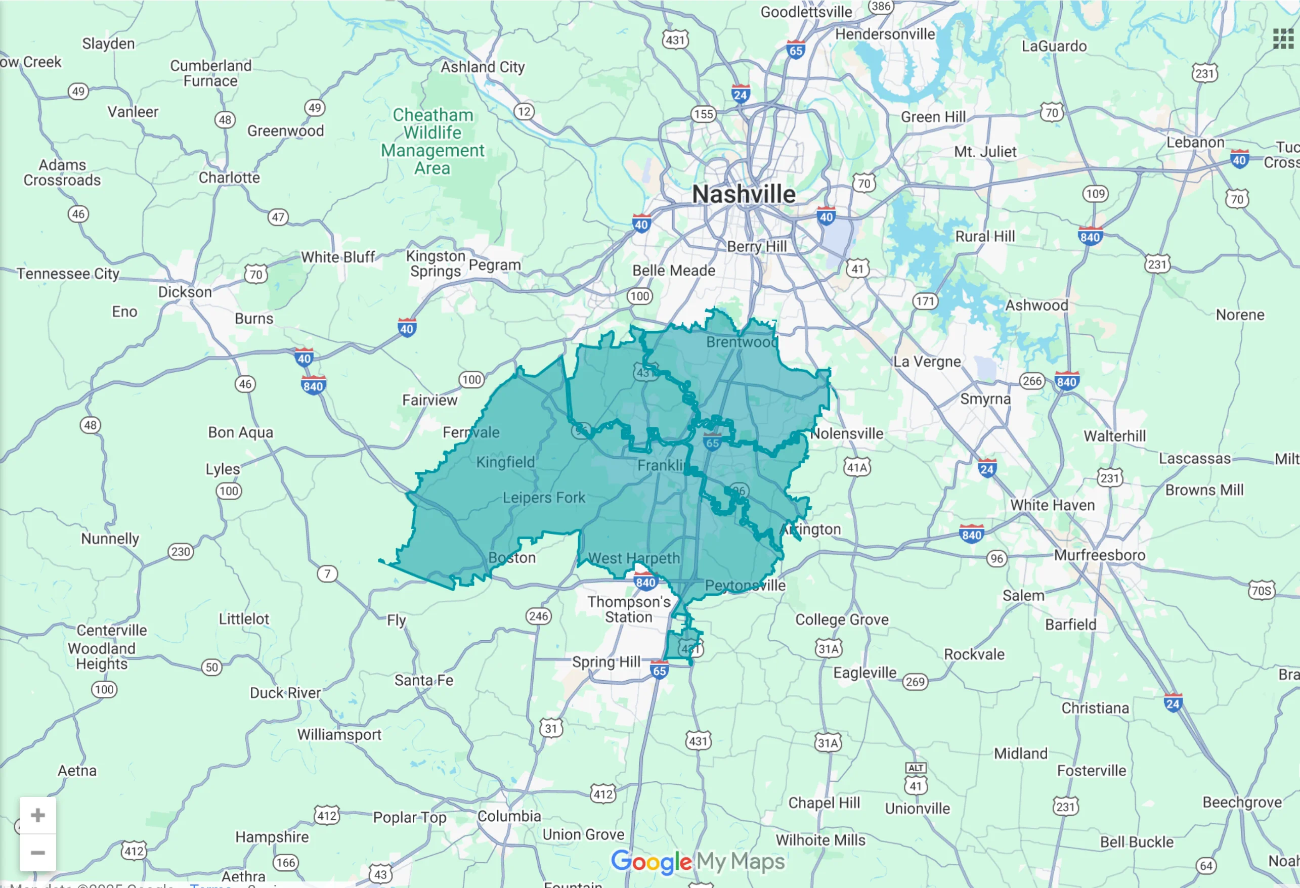 Service area map showing Franklin, Brentwood, Cool Springs, and Hendersonville